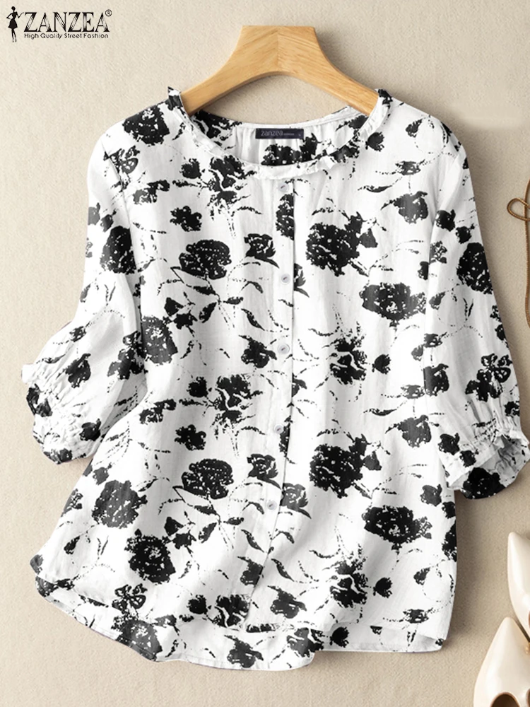 ZANZEA Elegant Floral Print Tunic Tops O Neck 3/4 Sleeve Flounce Trim Women Blusas Mujer Casual Autumn 2024 Vintage Blouses