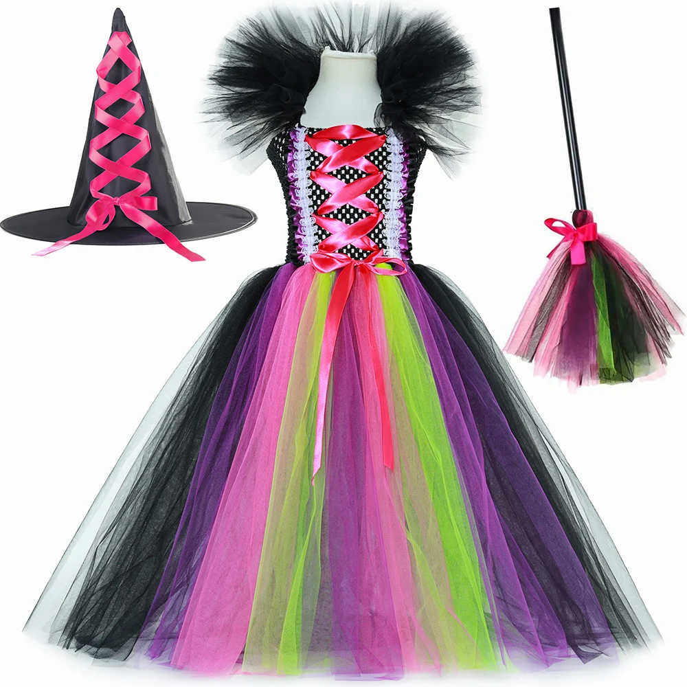 Kids Halloween Witch Costume for Girls Ankle Length Fairytale Witches Tutu Dress Baby Girl Fancy Dress Up Clothes with Hat Broom