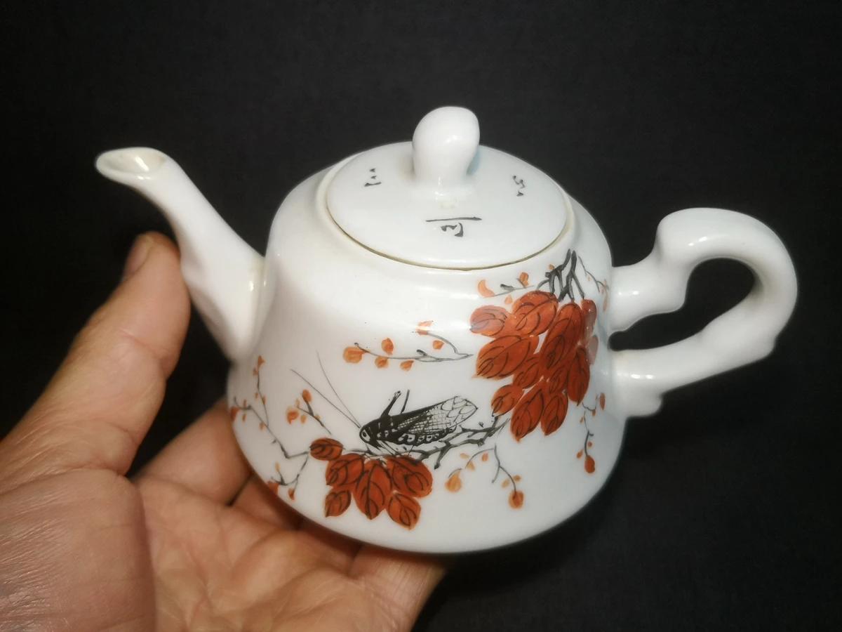 1919 Antique art Size 5.3 Inch Old Chinese porcelain Painting Dragonfly Flowers pot teapot Decoration Gift Collection