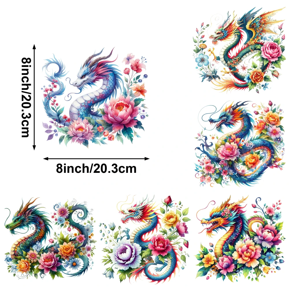 6 Pcs Dragon Floral Iron on Transfers Press Washable Stickers for clothing, T-shirts, jeans, backpacks, hats, pillows. Iron On