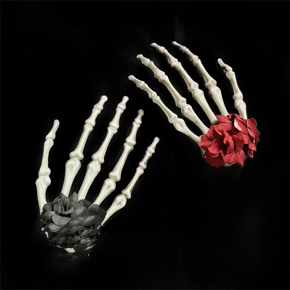 Gothic Punk Skull Hand Bone Rose Flower Hairpin Women Girls Lolita Halloween Hair Clips Headdress Hair Decoration Accessories