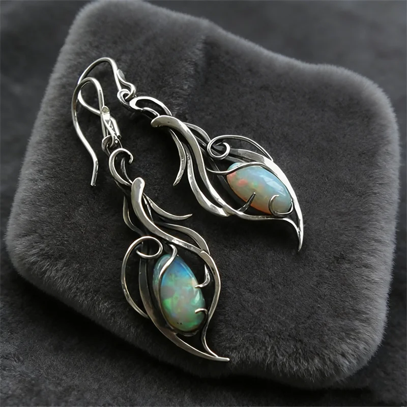 Elegant Oval Flower Green Stone Earrings for Women Silver Color Dangle Earrings Jewelry