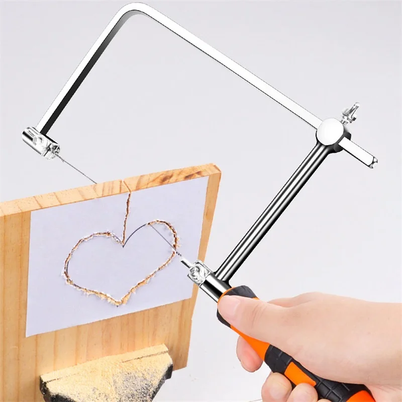 إطار منشار مجوهرات قابل للتعديل - مقبض برتقالي وأسود، 5 شفرات منشار للقطع الدقيق في أعمال النجارة وصناعة المجوهرات بنفسك