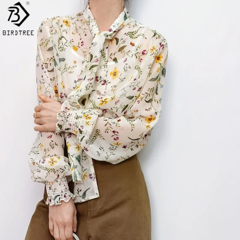 Birdtree, 100% Real Silk Printed Blouse, Full Sleeve Sheer Ribbon Tops, Women Loose French Style Shirt, 2026 Summer New T64402JF