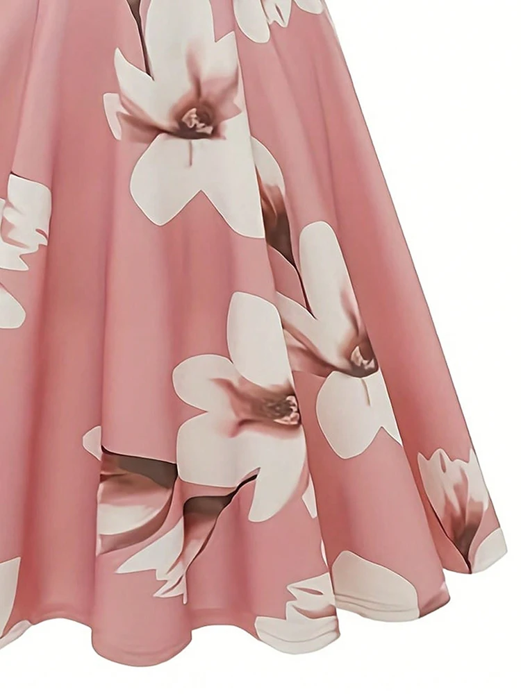 Bellissimo abito estivo con stampa floreale Abiti lunghi midi con maniche A-line Abiti da donna eleganti rosa Abbigliamento donna