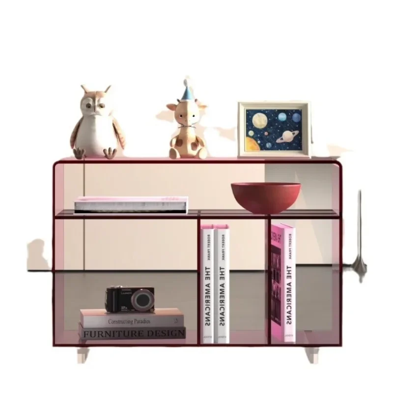

acrylic bookshelf, a few cabinets on the side of the minimalist sofa, bay window shelf
