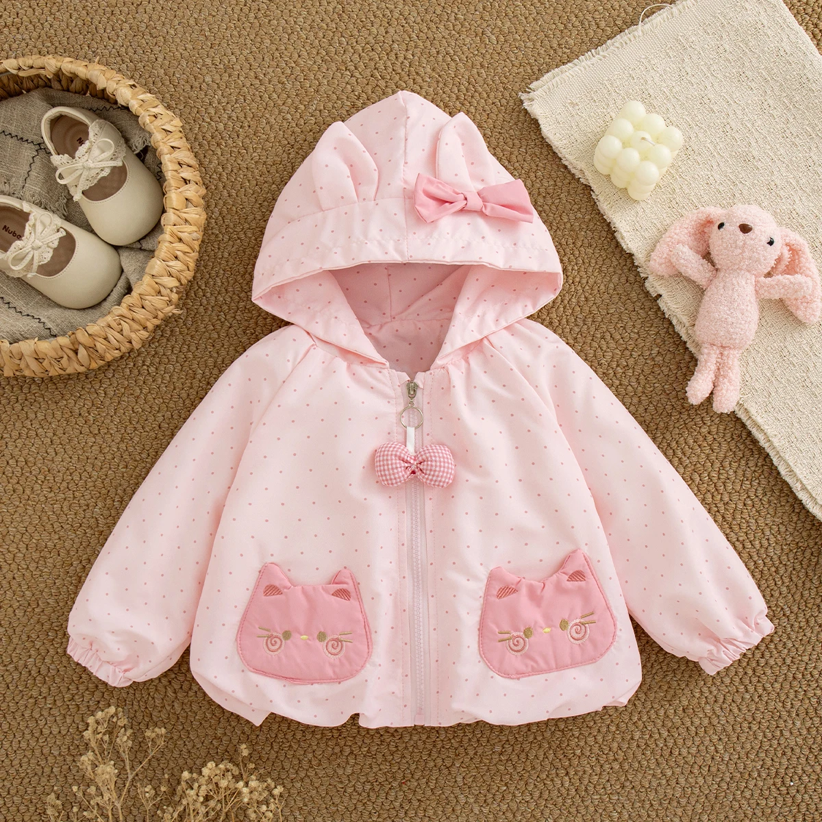 Fashion Cartoon Cute Coat for Kids Autumn Korean Style Sweet Long Sleeved Windproof Polka Dots Toddler Hoodie