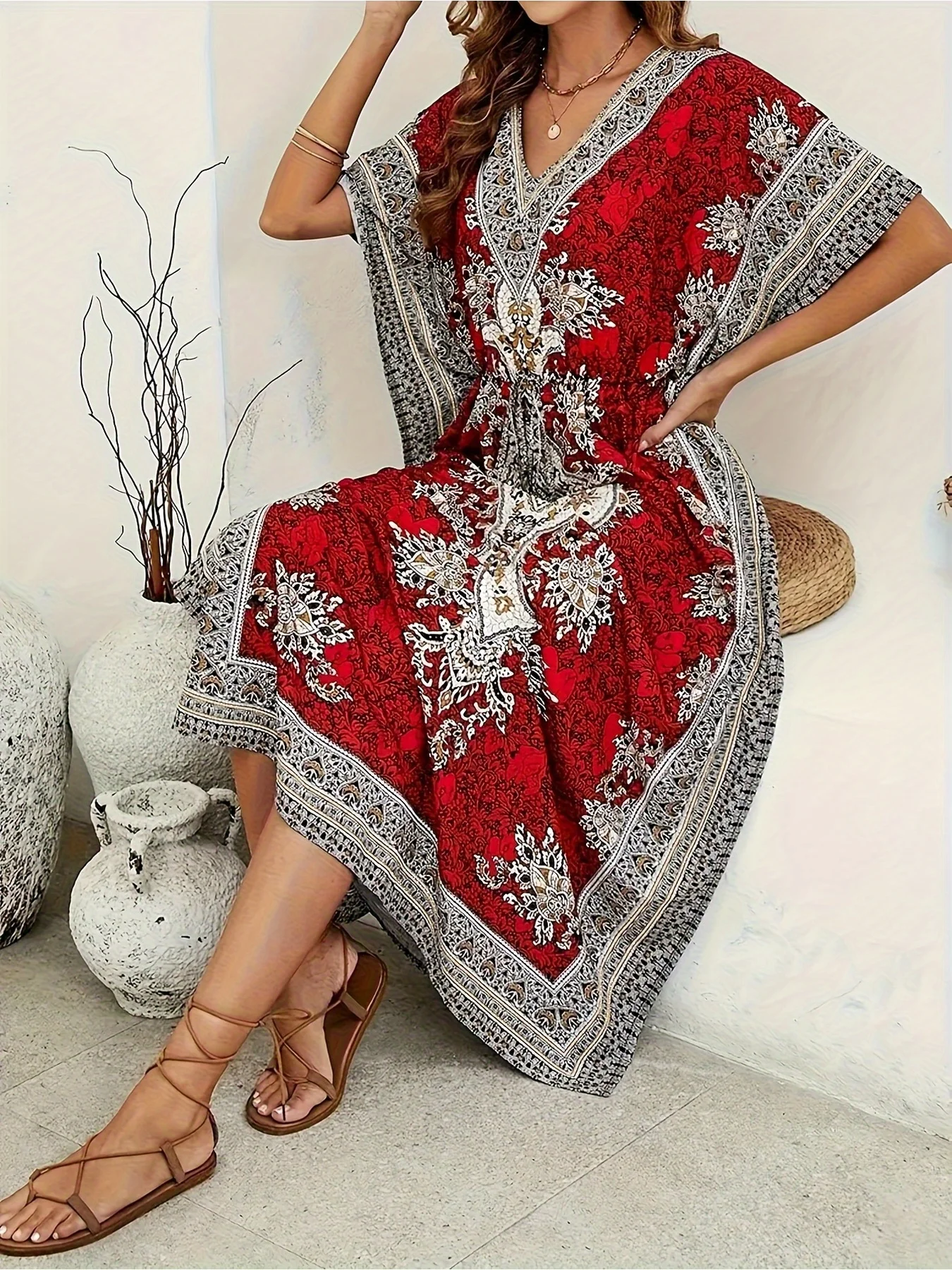 2026 Casual Elegant Printed Pattern Solid Color Loose Long-Sleeved Dress with Long Skirt, Suitable for Daily Travel