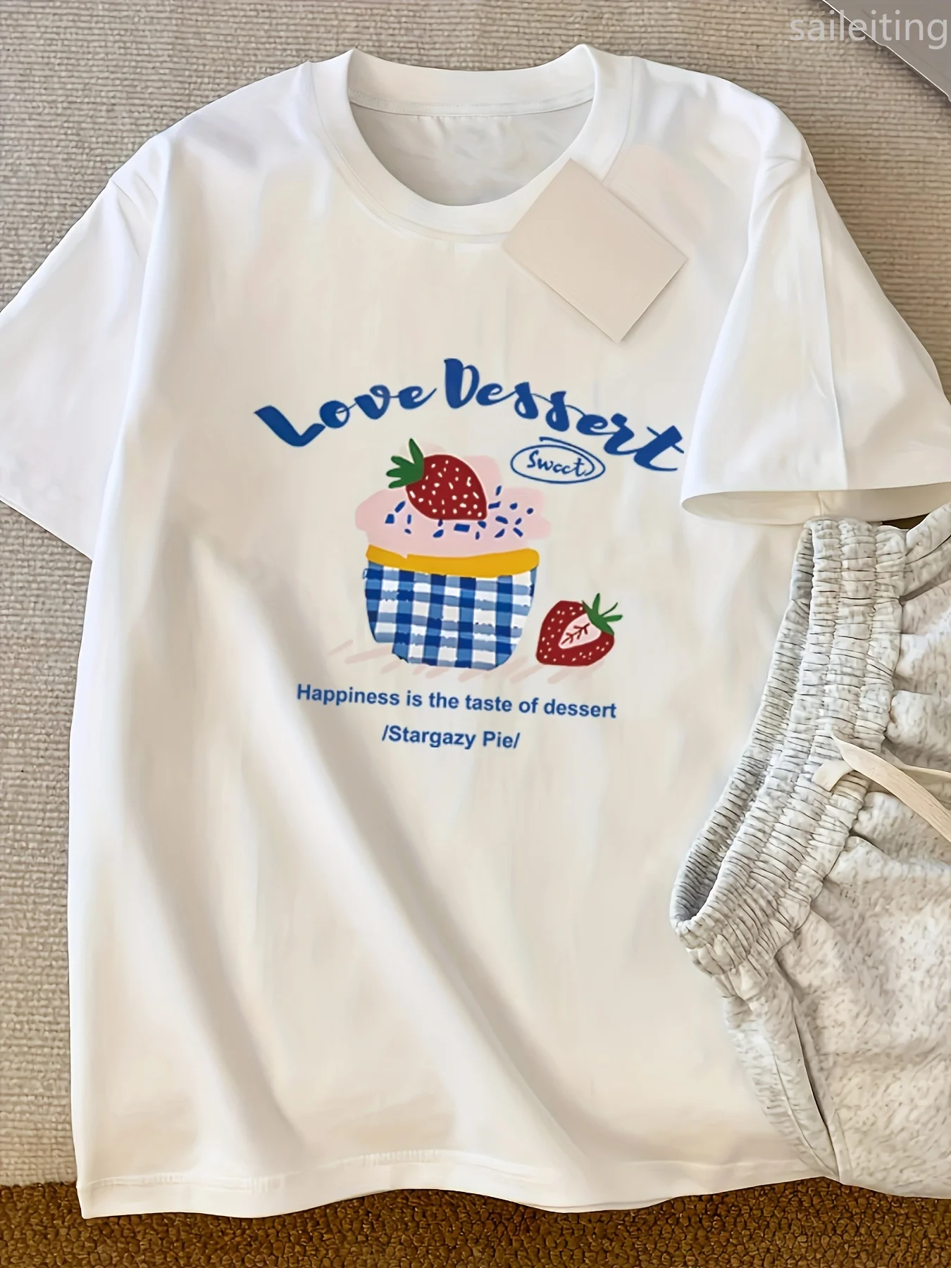 

Women'S Vintage Strawberry Cake Print T-Shirt - "Love Vessert" Harajuku Sleeve Casual T-shirt Clothing Street Aesthetic Clothes