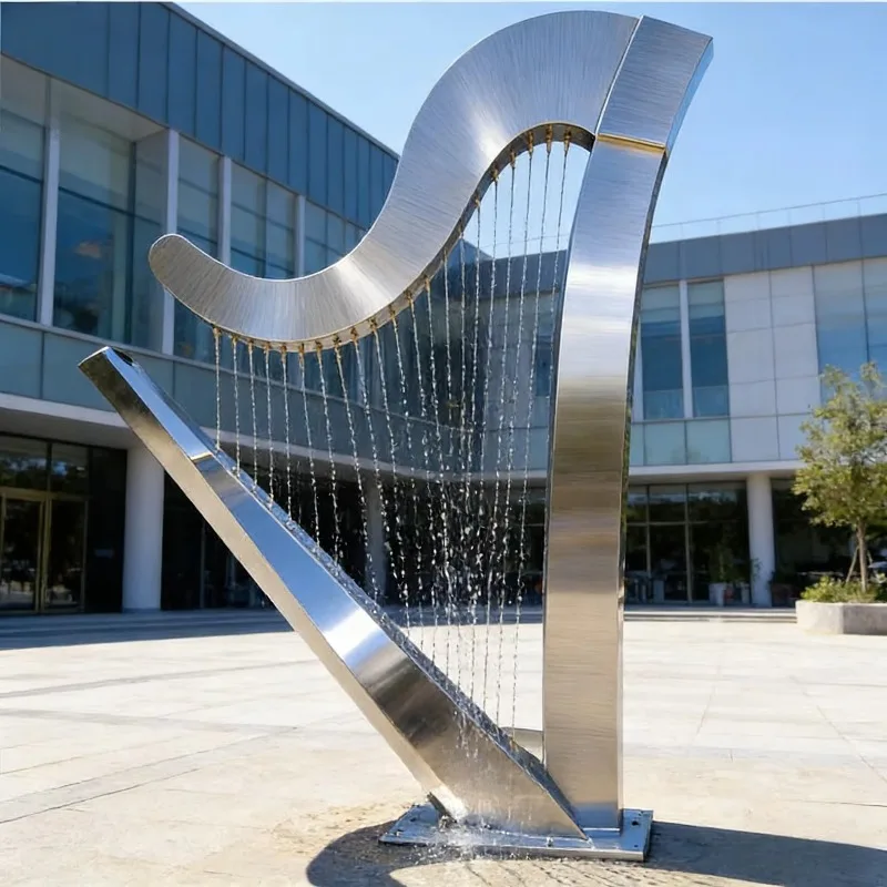 Mirror Polished Stainless Steel Harp Water Curtain Fountain Sculpture Modern Abstract Cross Design Outdoor Landscape Decoration