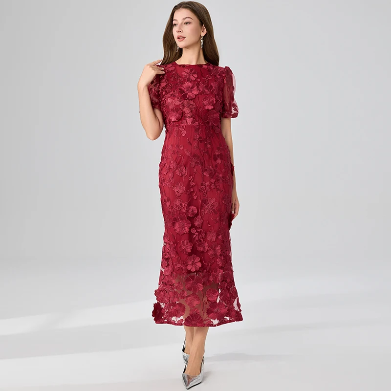 Verão bordado rendas vestido de baile feminino francês luxo 3d flor fishtail manga curta vestidos longos festa bodycon férias vestido