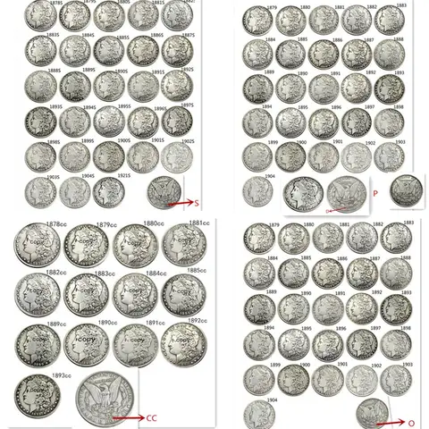 Set completo USA (1878-1921) P/S/D/O/CC 96 pezzi Morgan dollaro Monete copia placcate argento