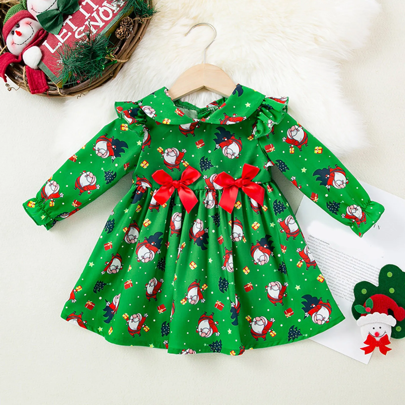 Girls Christmas Long Sleeve Santa Claus Printed Bow Dress Spring Autumn New Long Sleeve Slim Fit Princess Dress Carnival Costume