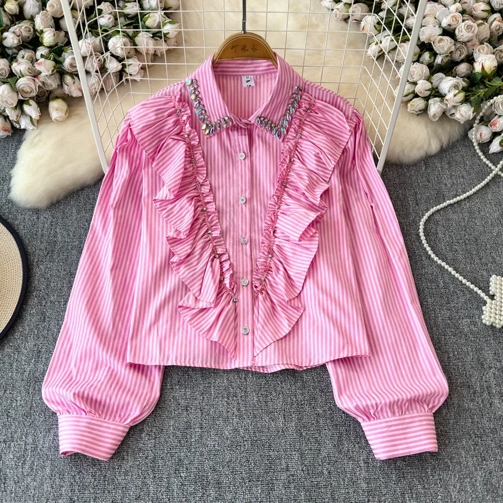 Vintage Turn-down Collar Chic Rhinestone Ruffle Striped Single Breasted Top Women Korean Streetwear High Street Autumn Blouse