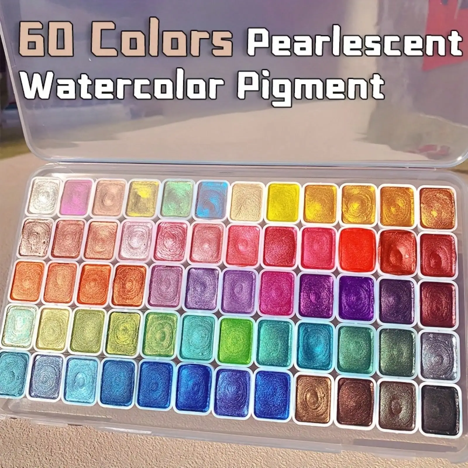 

60 Colors Pearl Watercolor Pigment Set, Metallic Shimmer Glitter Starry Solid Paint Mini Travel Portable Art Kit for DIY