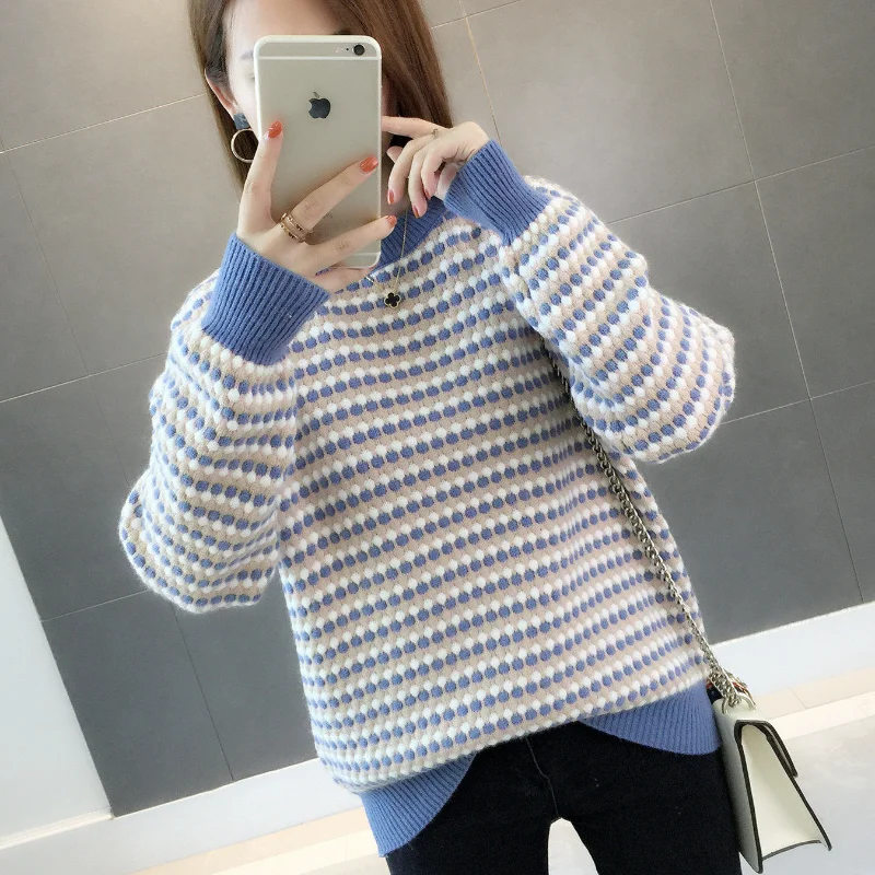 秋と冬の女性のための長袖セーターラウンドネック厚みのある韓国スタイル怠惰なプルオーバーニットベースシャツトレンディ