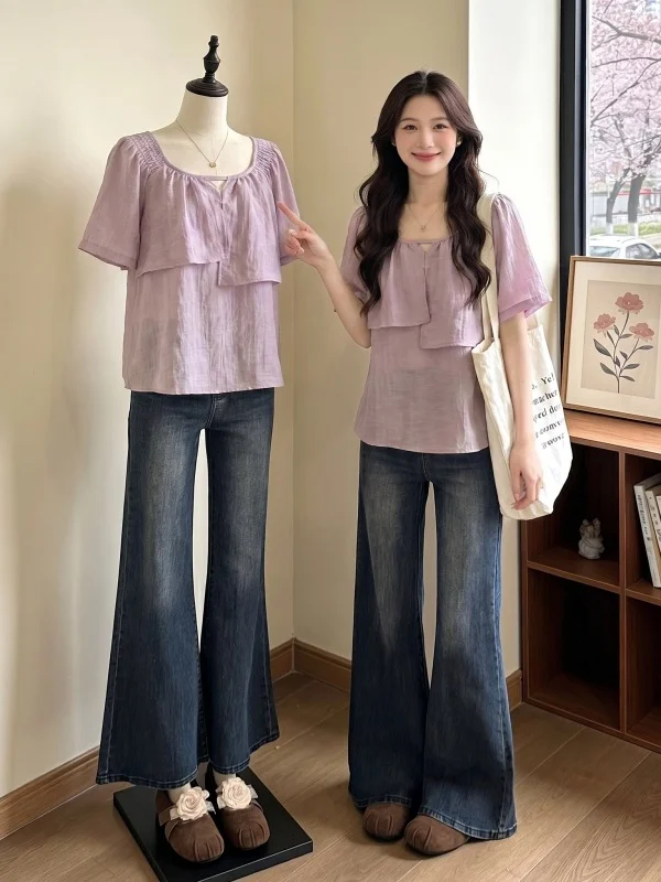

Purple Fluffy Shoulder Chiffon Shirt Women's Summer New Large Size Beautiful Doll Shirt Korean Style Commute Wind Loose Fit