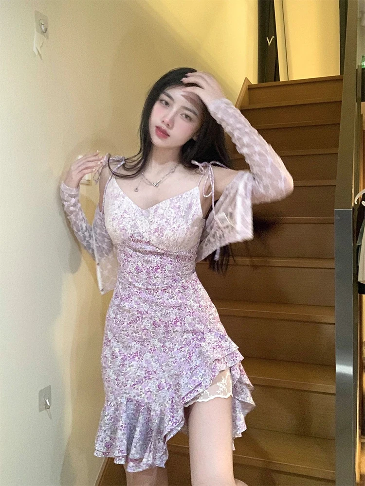 

Юбка с цветочным принтом для женщин больших размеров, в стиле Sweet and Spicy Girl, с завышенной талией, асимметричная, короткая, летняя, в корейском стиле, комфорная.