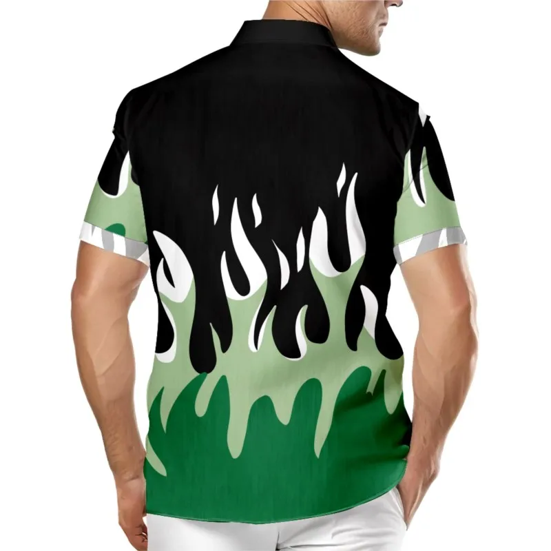 Men's Hawaiian Green Flame Print Chest Pocket Shirt Casual Short Sleeve Beach Shirt Clothing Tops