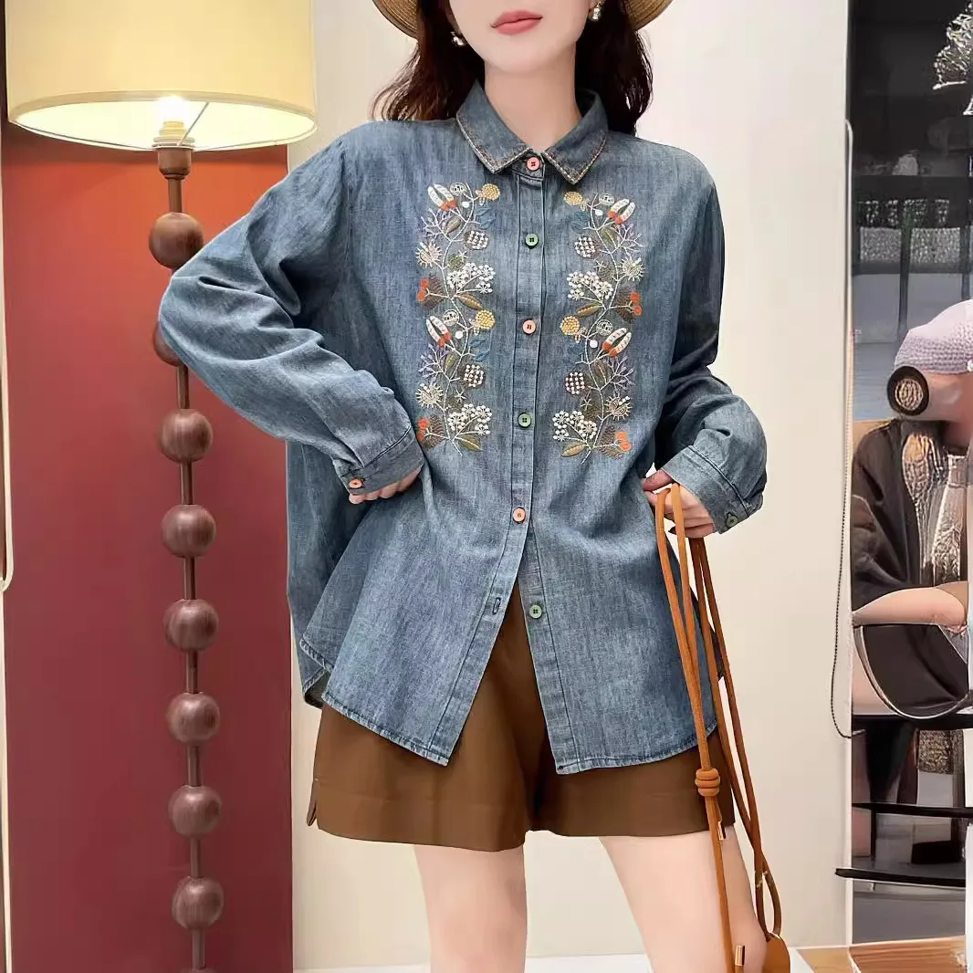 New Summer Cotton Long Sleeve Denim Shirt, Woman Lapel Embroidery Tops, Mori Girl Retro Sweet Loose Blouses, 2024 Fall T47698QC