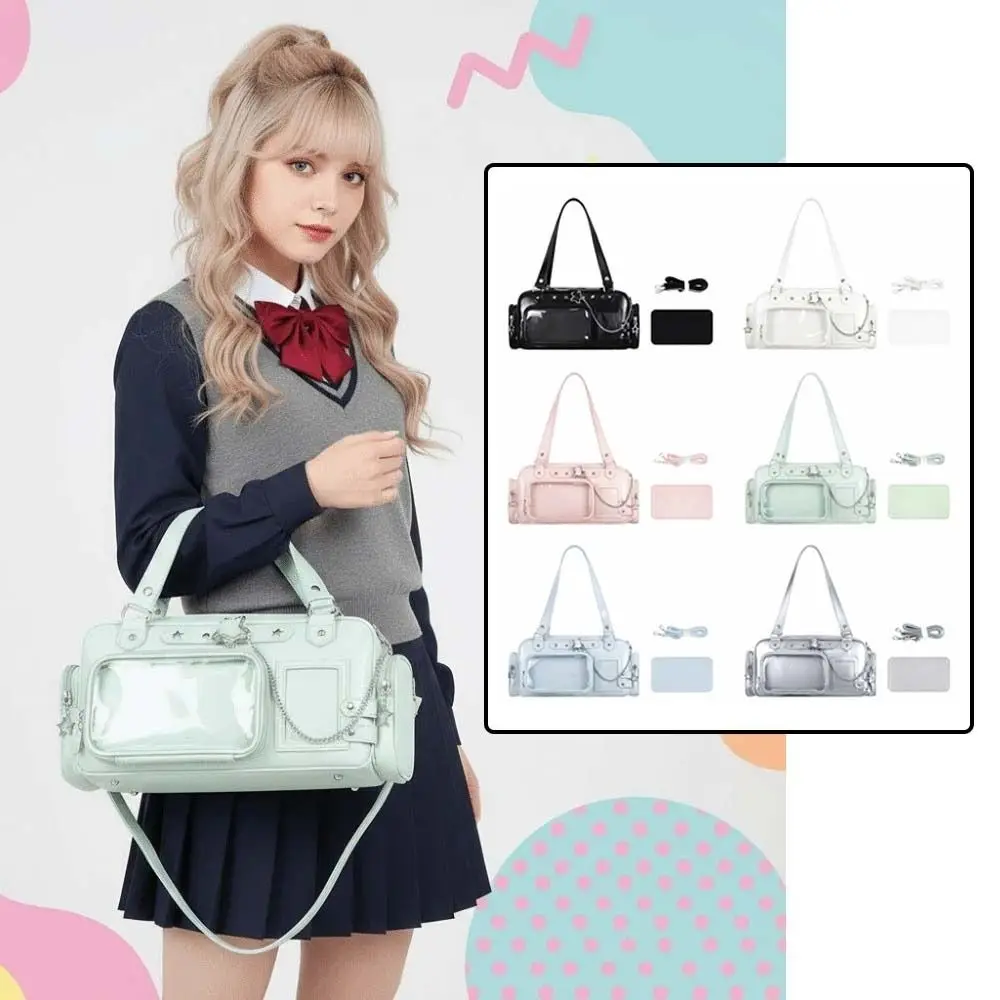 

Multi Pocket Clear Ita Bag Glossy Surface with Removable Insert Idol Fans Handbag Metal Chain Star Eyelet School Uniform Tote