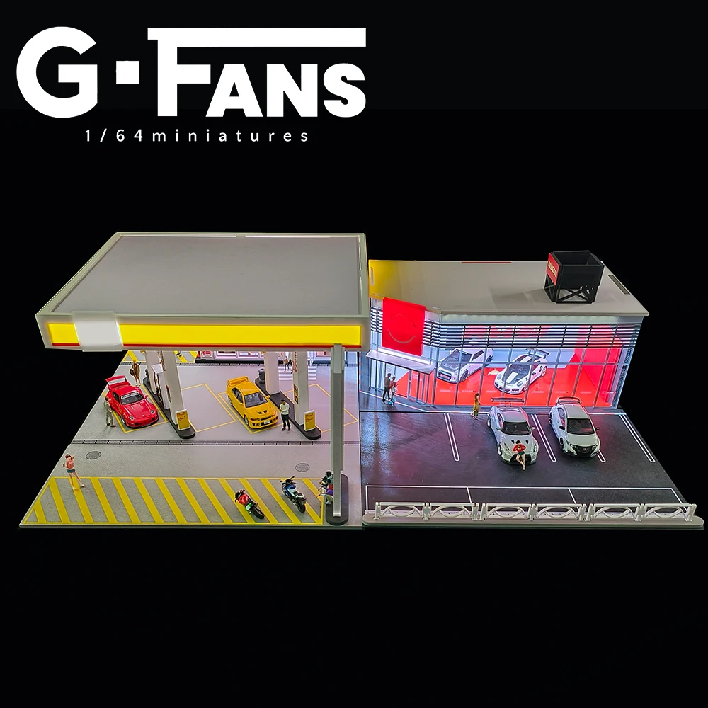 G FANS 1:64 Car Garage Models Shop Parking Building Led Diorama Building Scene Model with Lights Car Garage Diorama Scene Model