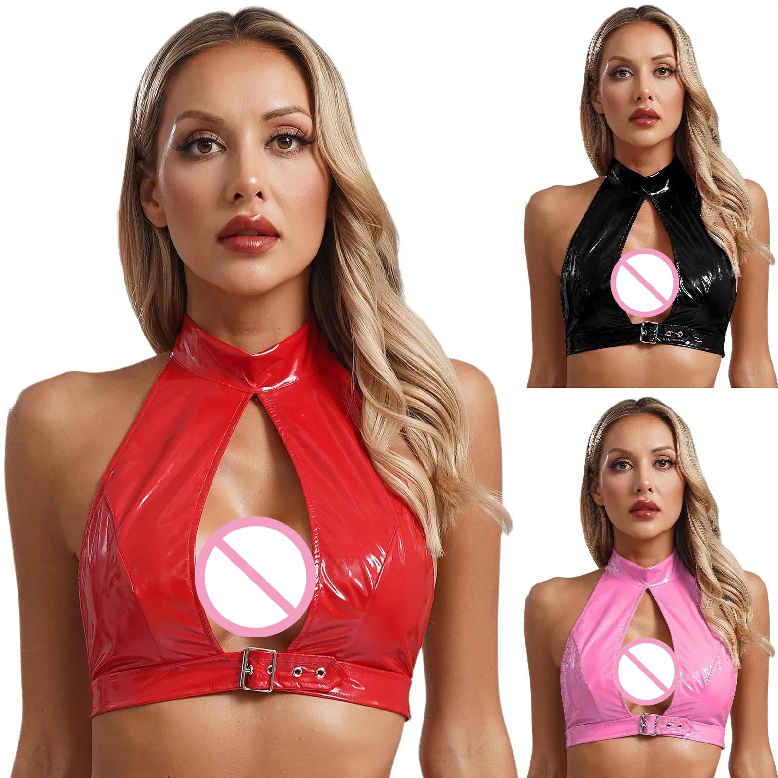 Vrouwen Sexy PU Leer Uitsparing Crop Tops Hemdje Wetlook Halter Hals Backless Vest Rave Dance Carnaval Party Nachtclub Clubwear