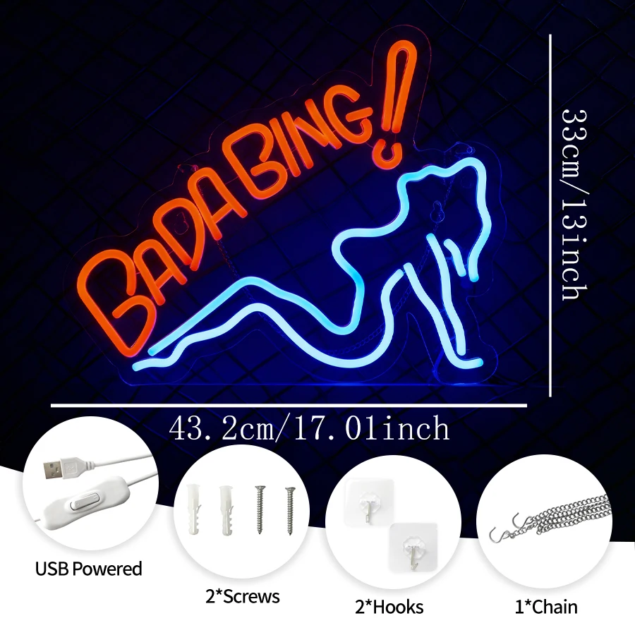 Bada Bing Neon Sign For Wall Decor,Light Up Sign For Man Cave,Bar,Club,Store,Hotel,Party,Bedroom Decoration,USB Powered