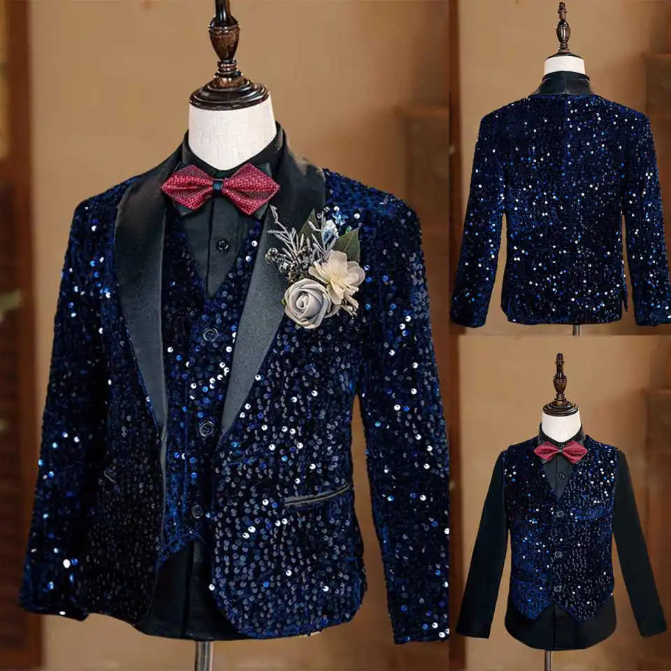 

Formal Child Boy Dinner Tuxedos Sparkly Sequins Little Kids Costume Wedding Party Prom Pants Suits Birthday Wear 3 Pieces Custom