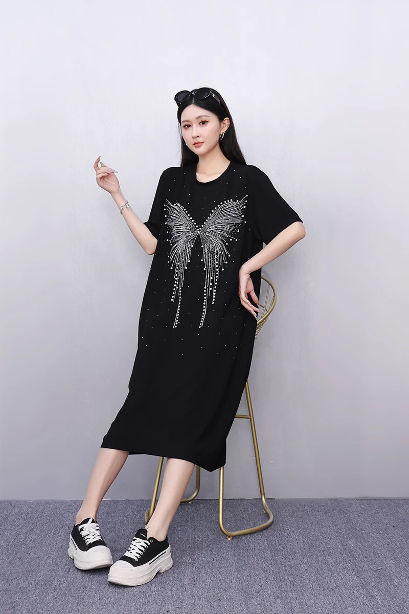 2025 الربيع الصيف موضة أنيقة سوداء س الرقبة فضفاضة طويلة تي شيرت فساتين النساء فستان قصير الأكمام السيدات J1087