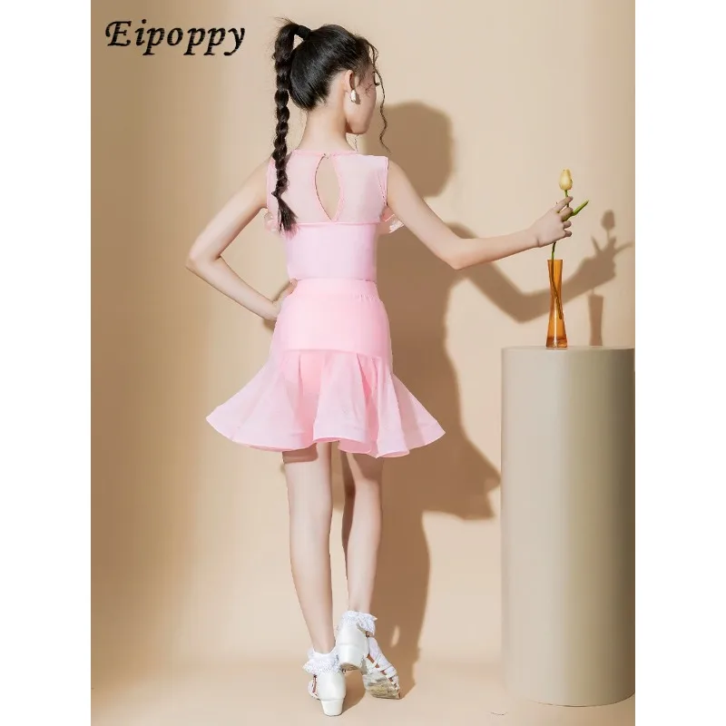 여아 라틴 댄스 의상 메쉬 연습복 어린이 공연 의상