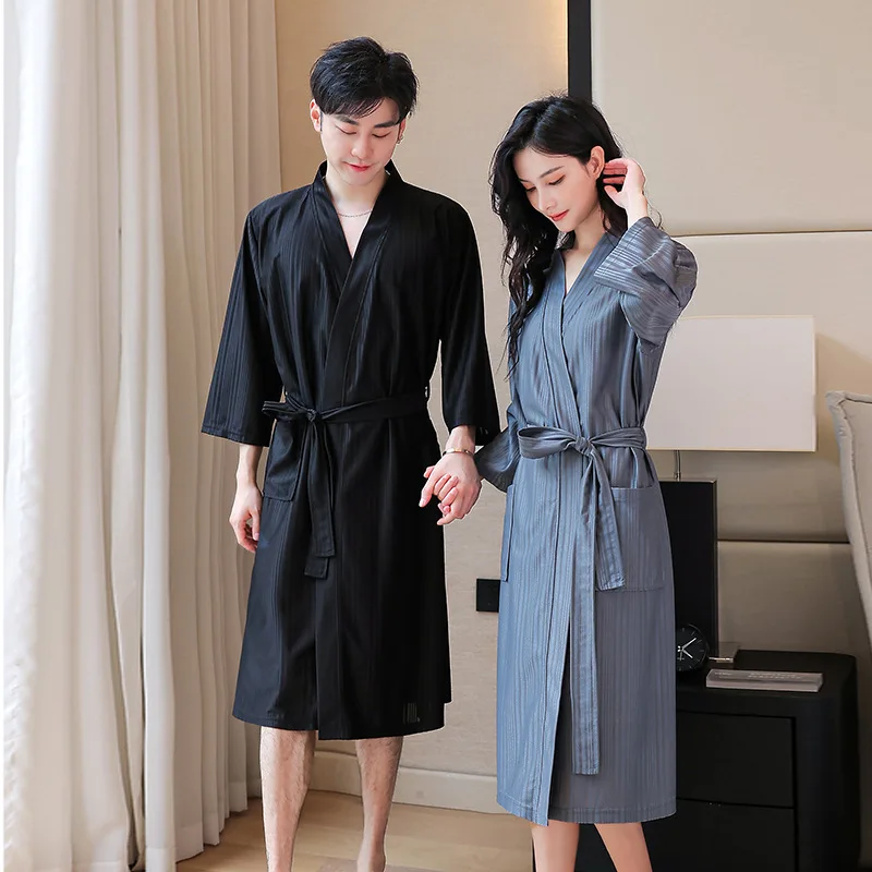 Men Satin Kimono Robe Pajamas Women Summer Ice Silk Robes Hotel Bathrobe Couples Striped Lounge Home Wear Clothes