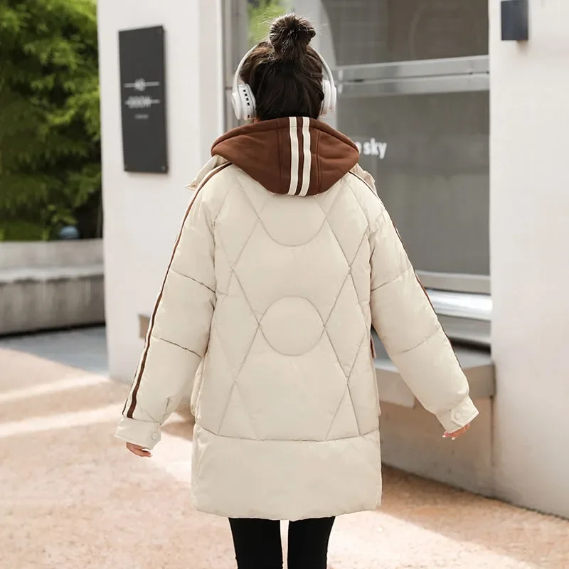 2024 New Women Down Cotton Coat Winter Jacket Female Mid Length Version Parkas Loose Thick Outwear Leisure Time Fashion Overcoat