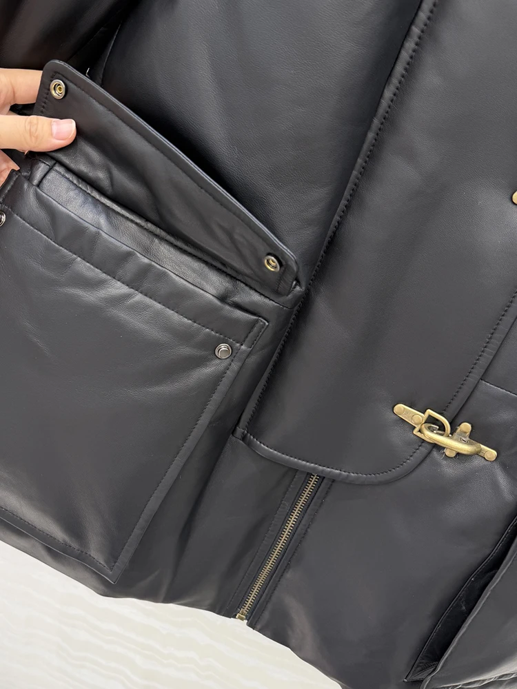 SVORYXIU خريف 2025 نمط جديد نمط الترفيه صف واحد مشبك جلد طبيعي سترة جلدية امرأة موضة الأسود إبقاء معطف دافئ #4