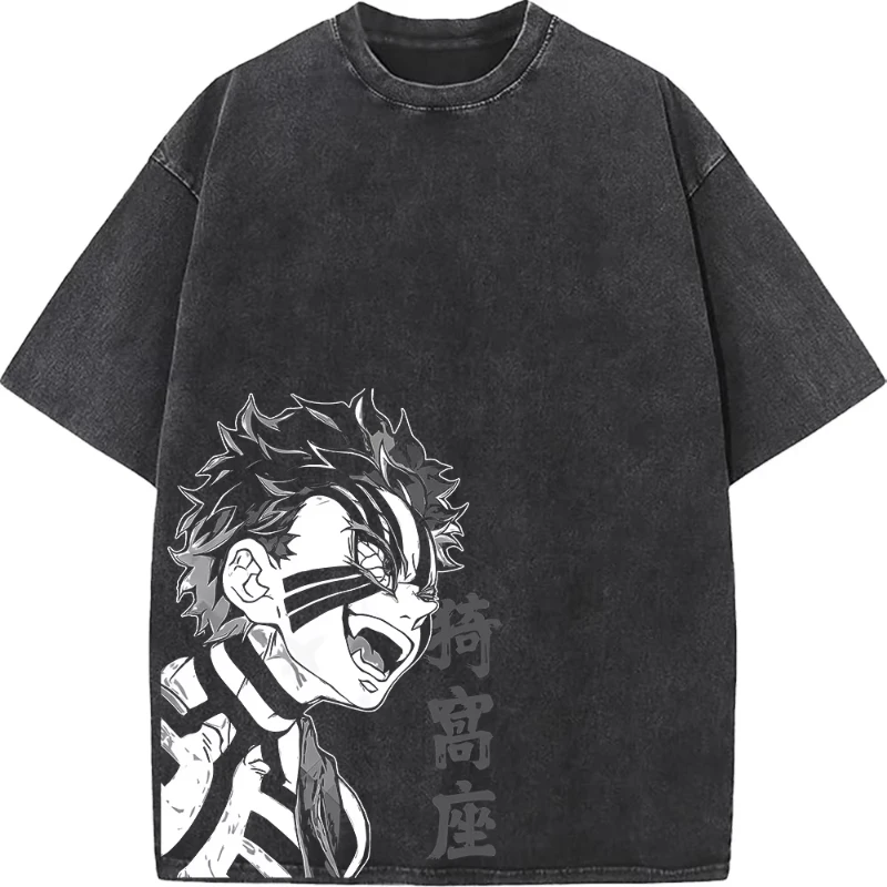 Camiseta gráfica Demon Slayer Akaza, camiseta de Manga Vintage lavada de gran tamaño, ropa para hombres y mujeres, camisetas de manga corta de algodón de verano