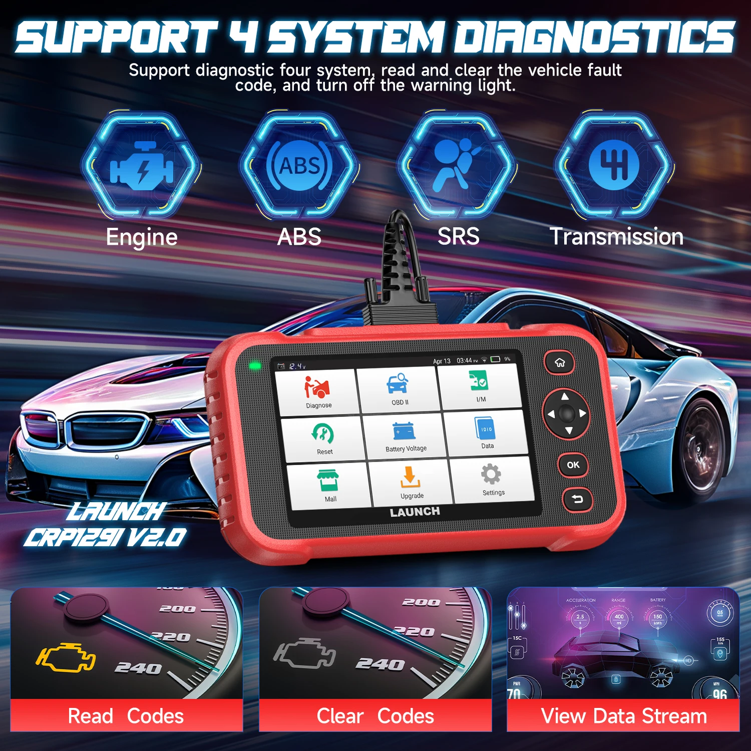 LAUNCH OBD2 Scanner  CRP129I V3 ABS SRS Engine Transmission Tool Oil TPMS EPB Throttle 12+Reset Injector Coding Battery Check