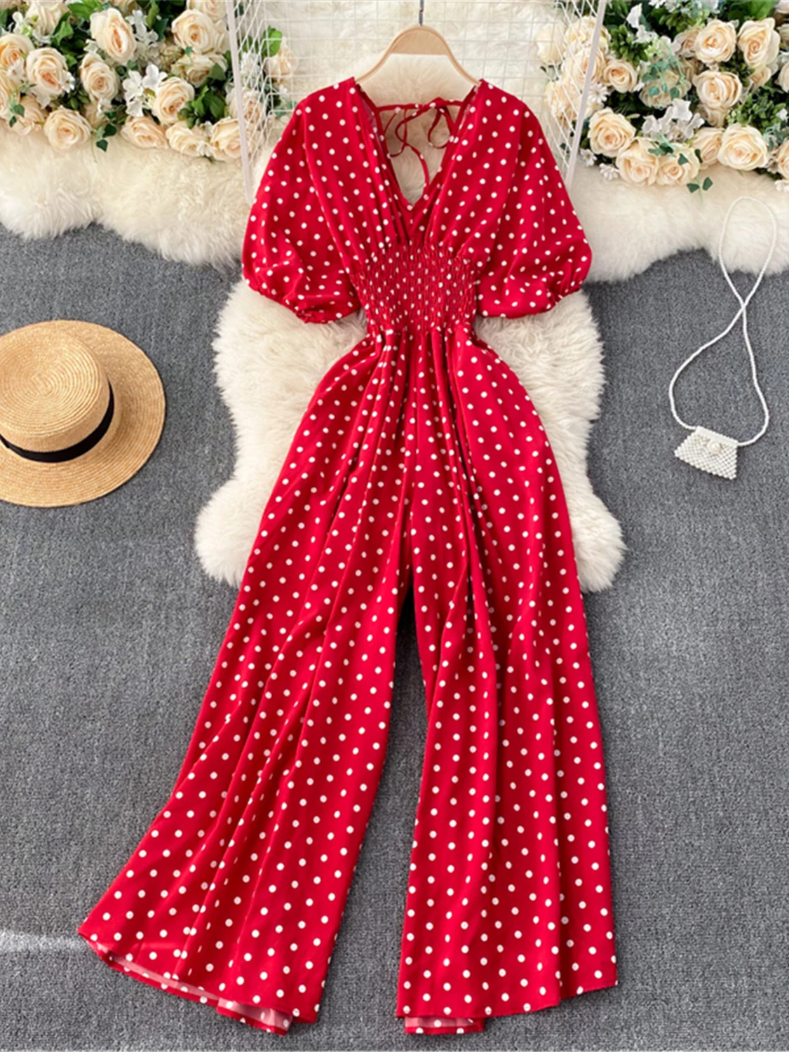 Summer Women Polka Dot Wide Leg Jumpsuits Female Vintage V-Neck Puff Short Sleeve High Waist Slim Romper Elegant New Fashion