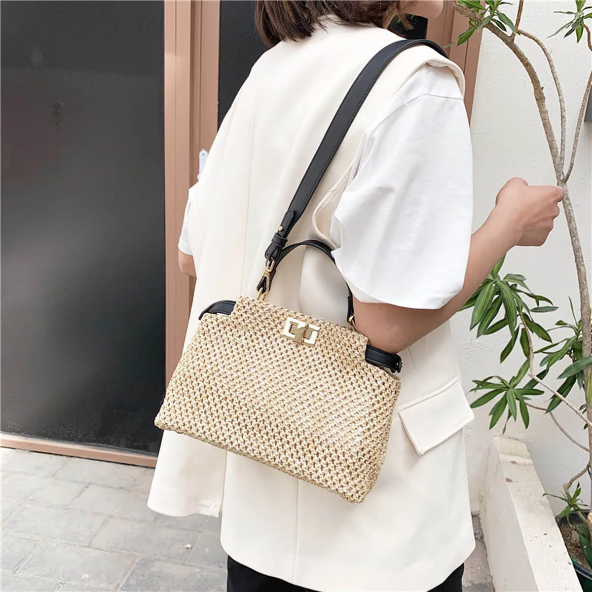 YoReAi Straw Beach Bag Fashion PU Handmade Woven Shoulder Bags Raffia Rattan Handbag Bohemian Summer Casual Small Square Pack