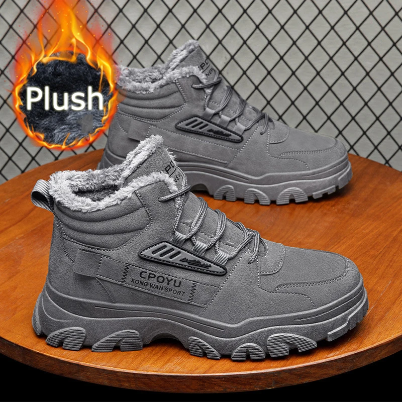 Popular Men's Plush High-top Martens Snow Boots Cotton Shoes Thickened Warm Rubber Anti-Slip Soles Walking Shoes