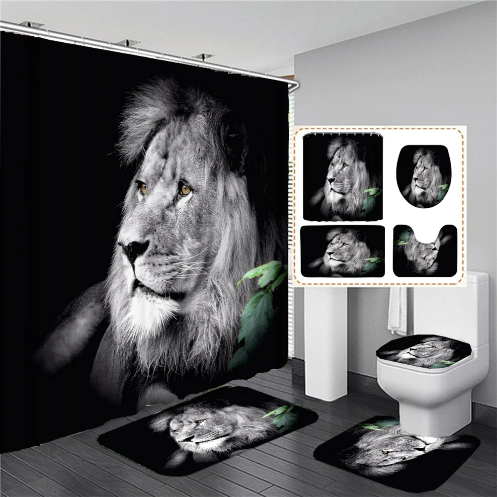 Lion Leopard and Tiger Animals 3D Printed Shower Curtains Bathroom Curtain Set Toilet Lid Cover Black Animal Bath Mat Rugs