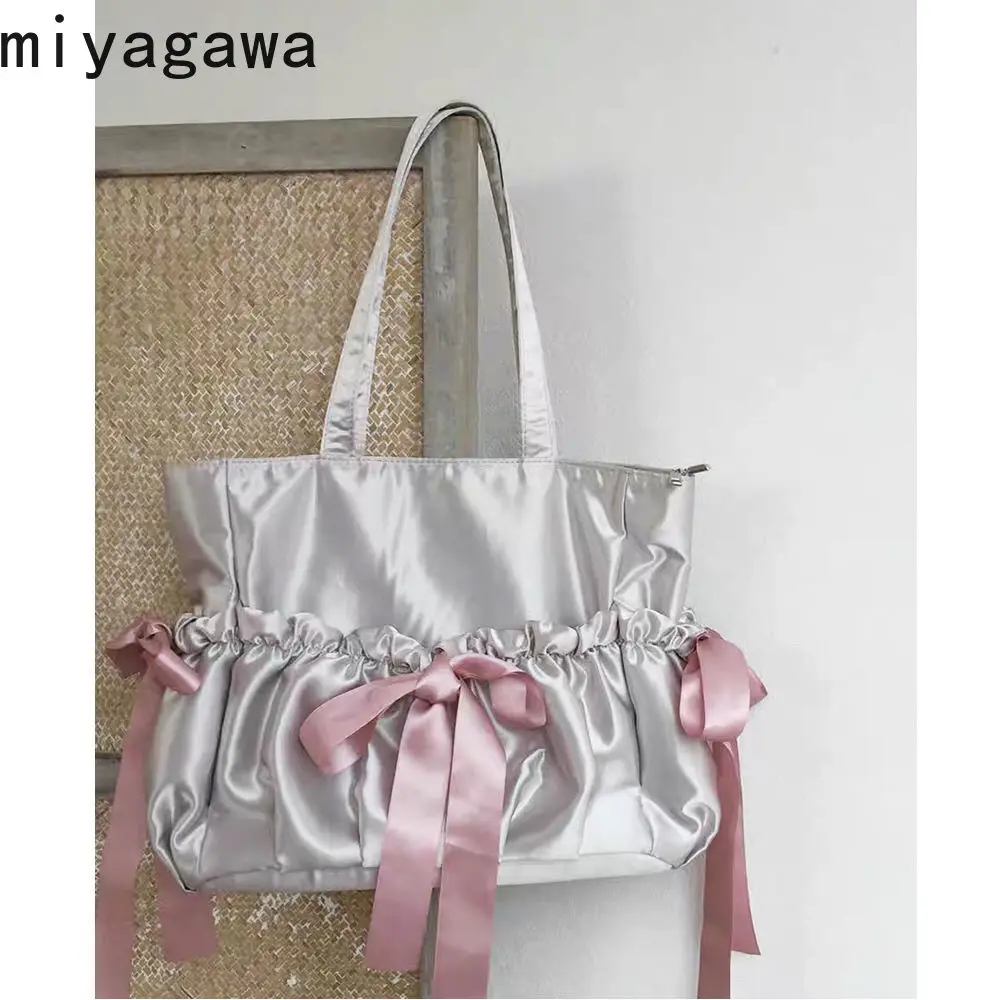 Miyagawa 2024 New Satin Korean Sweet Pleated Bow Single Shoulder Bag Causal Large Capacity Tote Underarm Bags for Women