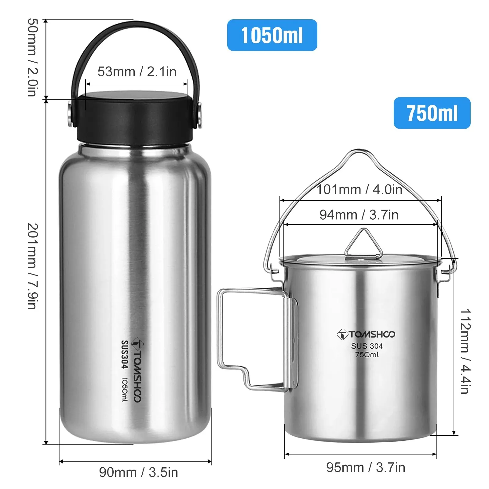 TOMSHOO 1.05L Stainless Steel Water Bottle Leak Proof Sports Bottle W 750ml Water Cup Coffee Mug Hanging Pot for Outdoor Camping