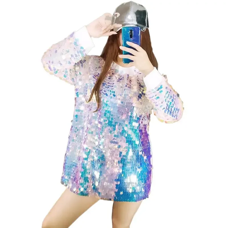 화려한 큰 스팽글 긴팔 티셔츠 여성 루즈핏 롱탑 여성 댄서 재즈 힙합 댄스 의상 바 쇼 무대 의상