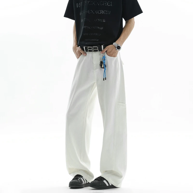 Men's White Straight Leg Pants Summer Drape Loose Fit Casual Trousers High Street Style Breathable Long Pants Minimalist Bottoms