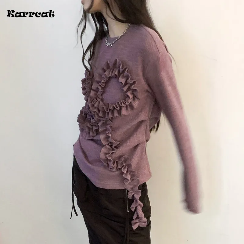 Karrcat Grunge Aesthetics Irregular Pullover Trashy Y2k 3D Pleats Purple Knitwear Vintage Harajuku Knitted Tops Punk American