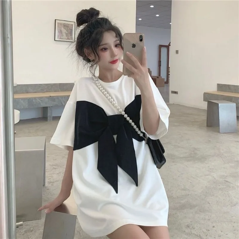 Short-sleeved T-shirts Women Summer New Niche Bow Color Collision O-neck Loose Office Lady Korean Versatile Casual Tops Female