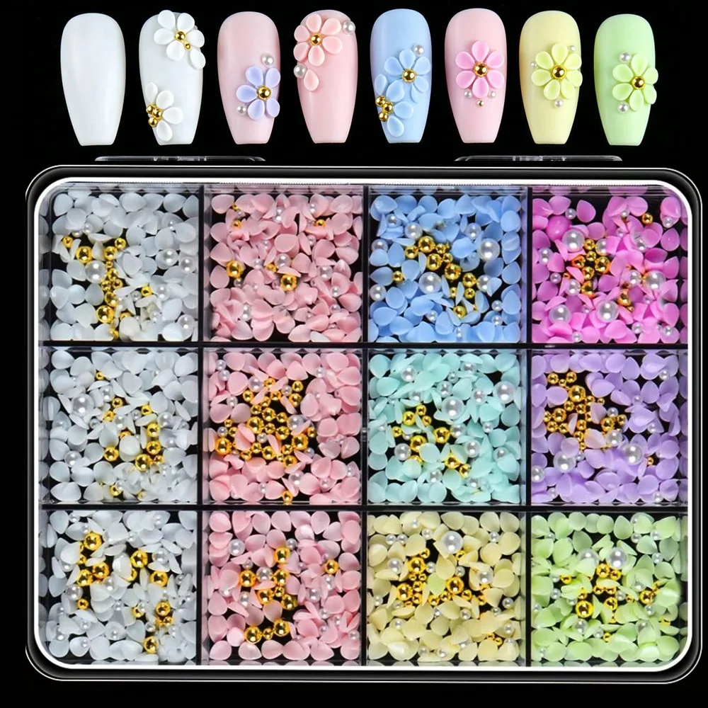12-teiliges 3D-Macaron-Blütenblätter-Nagelkunst-Set mit Gold- und Weißperlen, Weiße, Rosa, Blaue und Grüne Blumen zur Nageldekoration – Detail 1