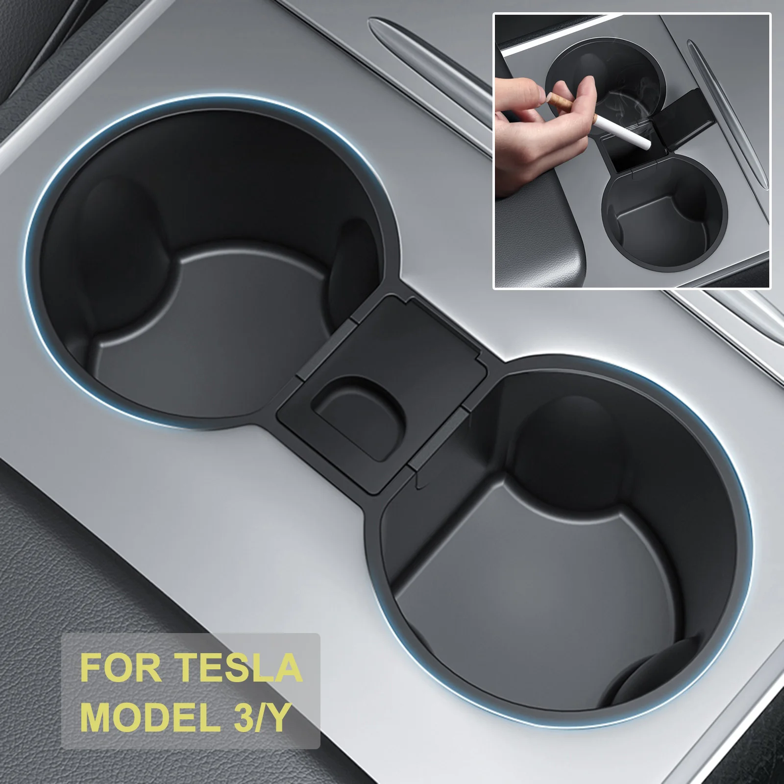 TPE Non-Slip Center Console Water Cup Drink Holder Insert w/ Divider Ashtray For Tesla Model 3 Y 2021 2022 2023 Car Accessories