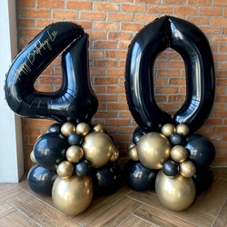 21pcs Gold Black Balloons Tower with 32inch Black Number Balloon for Boy's Birthday Decoration 30 40 50 60 Birthday Party Supply