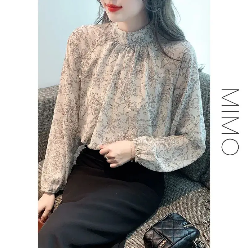 High-end Temperament Fashion Floral Blouse Women New Classic Long Sleeve O-collar Chiffon Pullover Lady Elegant Shirt 2023